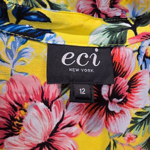 NWT eci New York Dress Yellow Floral Button-up Pockets Size 12 Matching Belt - Picture 4 of 12